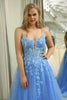 Load image into Gallery viewer, Blue Tulle A Line Spaghetti Straps Long Prom Dress With Appliques
