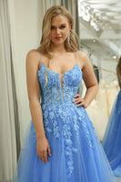 Load image into Gallery viewer, Blue Tulle A Line Spaghetti Straps Long Prom Dress With Appliques