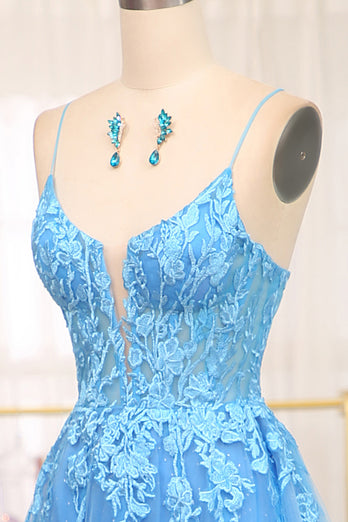 Bright Blue A Line Spaghetti Straps Tulle Long Prom Dress With Appliques