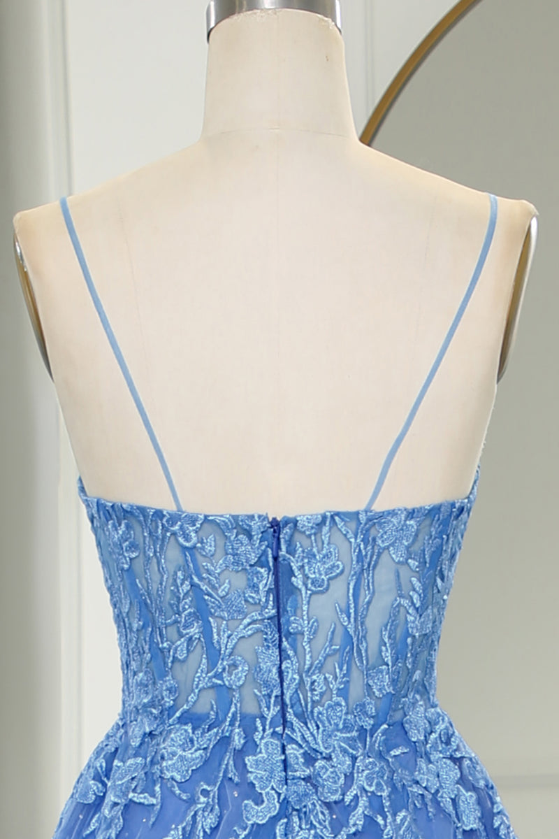 Load image into Gallery viewer, Blue A Line Tulle Long Prom Dress With Appliques