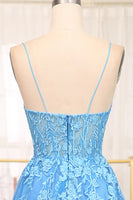 Load image into Gallery viewer, Bright Blue A Line Spaghetti Straps Tulle Long Prom Dress With Appliques