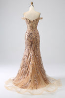 Load image into Gallery viewer, Sparkly Mermaid Off The Shoulder Champagne Corset Prom Dress with Slit