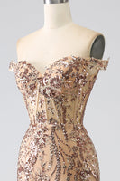 Load image into Gallery viewer, Sparkly Mermaid Off The Shoulder Champagne Corset Prom Dress with Slit