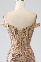 Load image into Gallery viewer, Sparkly Mermaid Off The Shoulder Golden Corset Prom Dress with Slit