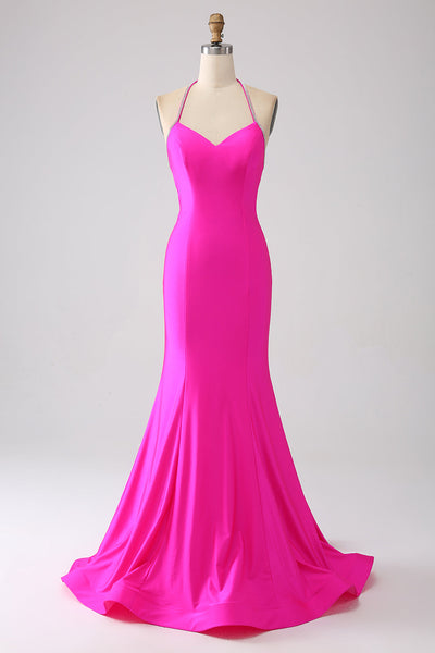 Fuchsia Mermaid Halter Neck Backless Long Prom Dress