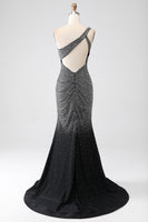 Load image into Gallery viewer, Sparkly Black Mermaid Beaded One Shoulder Long Corset Prom Dress with Slit
