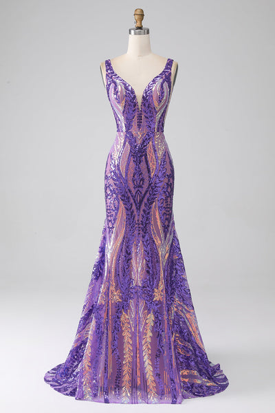 Queendancer Women Sparkly Dark Purple Evening Dress Mermaid V Neck Sequins Long Prom Dress 