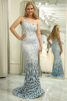 Load image into Gallery viewer, Glitter Dark Green Mermaid One Shoulder Long Prom Dress With Sequins