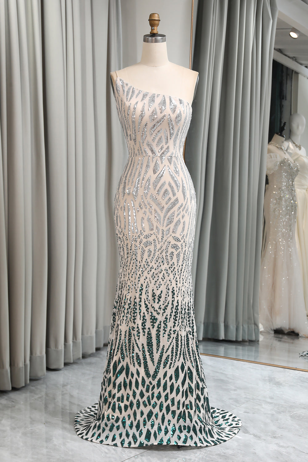 Dark Green Sequined Appliques Mermaid One Shoulder Long Prom Dress