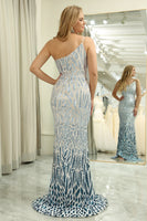 Load image into Gallery viewer, Glitter Dark Green Mermaid One Shoulder Long Prom Dress With Sequins