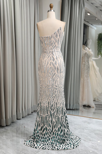 Dark Green Sequined Appliques Mermaid One Shoulder Long Prom Dress