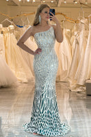 Load image into Gallery viewer, Dark Green Sequined Appliques Mermaid One Shoulder Long Prom Dress