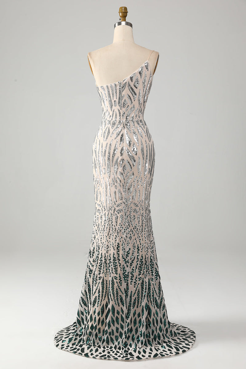 Load image into Gallery viewer, Sparkly Mermaid One Shoulder Dark Green Sequins Long Prom Dress