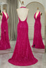 Load image into Gallery viewer, Sparkly Fuchsia Beaded Mermaid V Neck Backless Long Prom Dress With Slit