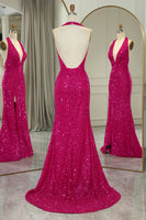 Load image into Gallery viewer, Sparkly Fuchsia Beaded Mermaid V Neck Backless Long Prom Dress With Slit