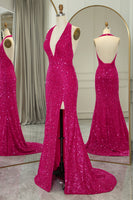 Load image into Gallery viewer, Sparkly Fuchsia Beaded Mermaid V Neck Backless Long Prom Dress With Slit