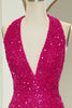 Load image into Gallery viewer, Sparkly Fuchsia Beaded Mermaid V Neck Backless Long Prom Dress With Slit