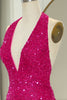 Load image into Gallery viewer, Sparkly Fuchsia Beaded Mermaid V Neck Backless Long Prom Dress With Slit