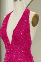 Load image into Gallery viewer, Sparkly Fuchsia Beaded Mermaid V Neck Backless Long Prom Dress With Slit