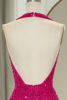 Load image into Gallery viewer, Sparkly Fuchsia Beaded Mermaid V Neck Backless Long Prom Dress With Slit