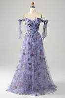 Load image into Gallery viewer, A-Line Lavender Printed Adjustable Straps Long Prom Dress