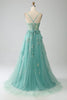 Load image into Gallery viewer, Green A-Line Spaghetti Straps Long Corset Prom Dress with Appliques