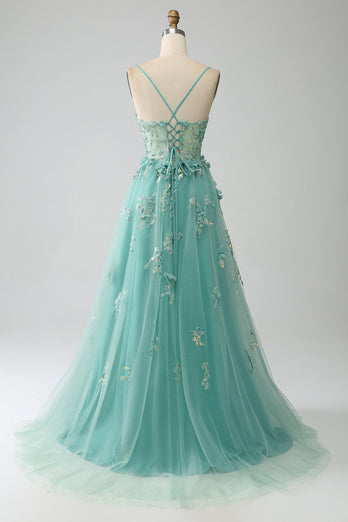Green A-Line Spaghetti Straps Long Corset Prom Dress with Appliques