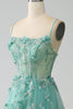Load image into Gallery viewer, Green A-Line Spaghetti Straps Long Corset Prom Dress with Appliques