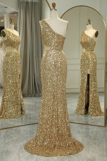 Glitter Golden Cut Out One Shoulder Long Prom Dress With Slit