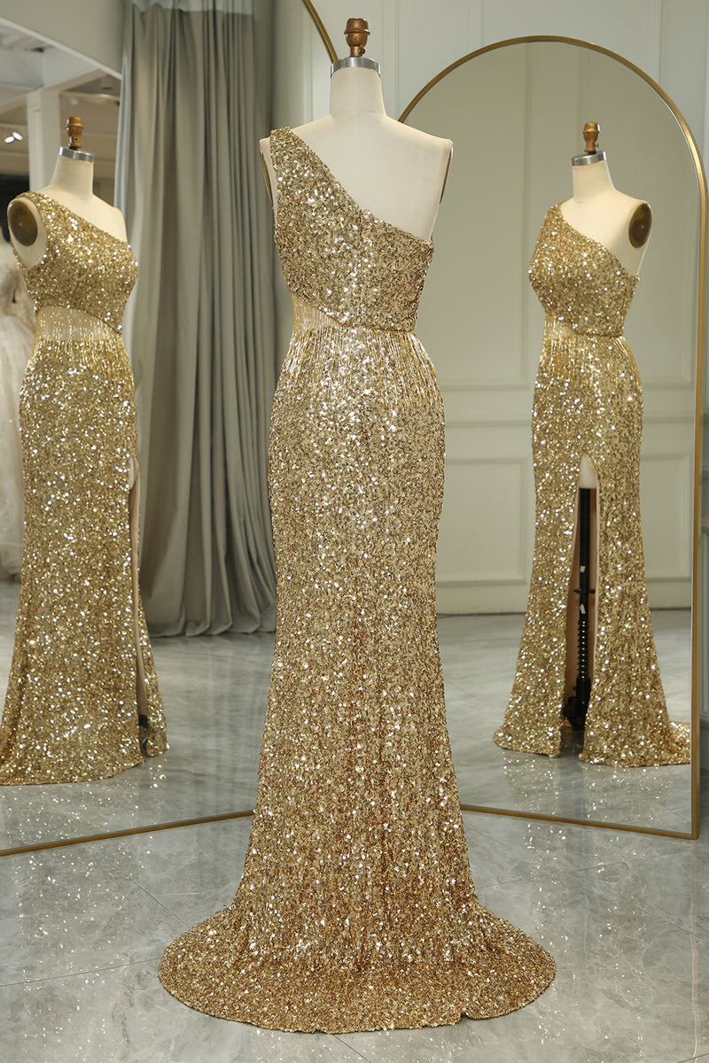 Load image into Gallery viewer, Glitter Golden Cut Out One Shoulder Long Prom Dress With Slit