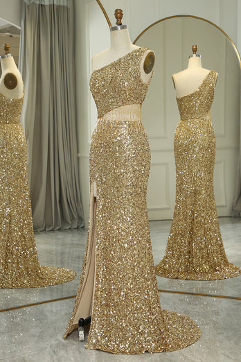 Glitter Golden Cut Out One Shoulder Long Prom Dress With Slit