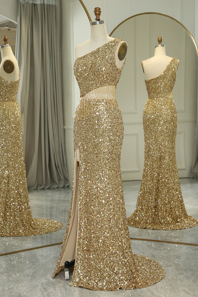 Load image into Gallery viewer, Glitter Golden Cut Out One Shoulder Long Prom Dress With Slit