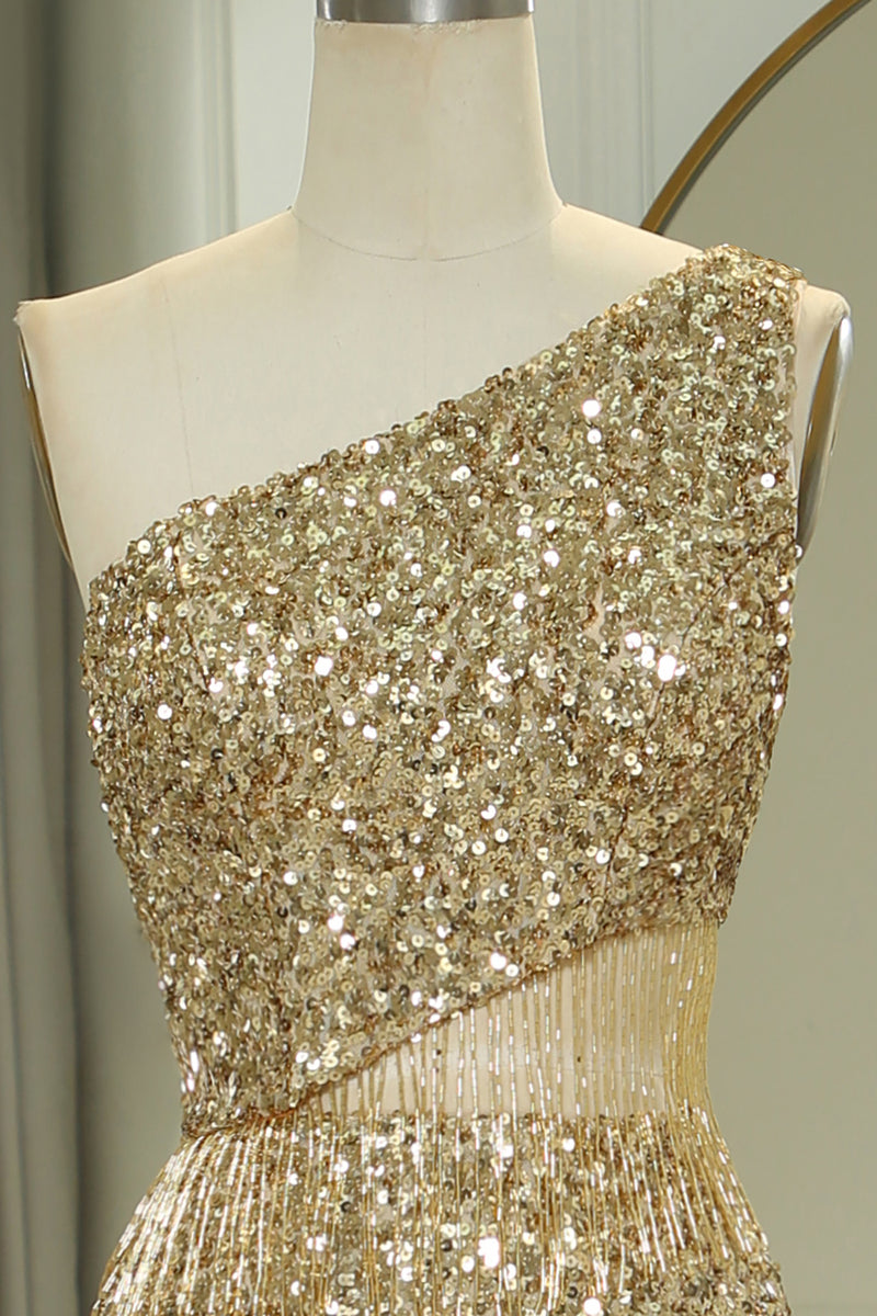 Load image into Gallery viewer, Glitter Golden Cut Out One Shoulder Long Prom Dress With Slit