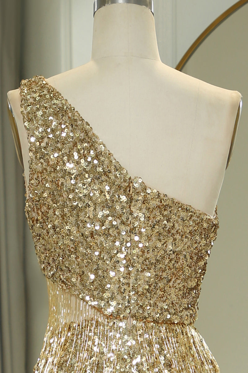 Load image into Gallery viewer, Glitter Golden Cut Out One Shoulder Long Prom Dress With Slit