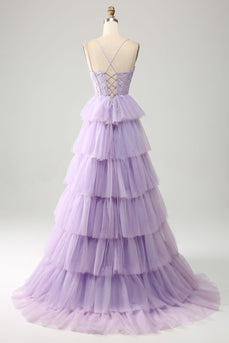 Lilac Tulle Tiered Princess Corset Prom Dress with Appliques