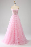 Load image into Gallery viewer, Pink A-Line Strapless Tiered Long Corset Prom Dress