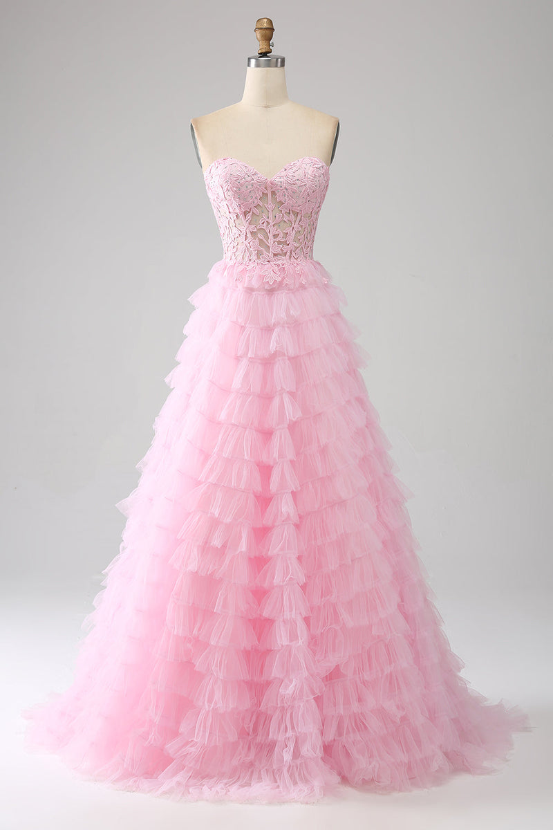 Load image into Gallery viewer, Pink A-Line Strapless Tiered Long Corset Prom Dress