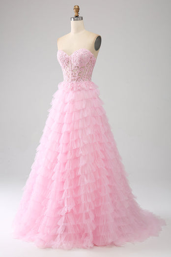 Pink A-Line Strapless Tiered Long Corset Prom Dress