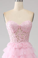 Load image into Gallery viewer, Pink A-Line Strapless Tiered Long Corset Prom Dress