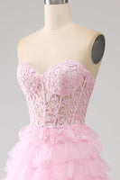 Load image into Gallery viewer, Pink A-Line Strapless Tiered Long Corset Prom Dress
