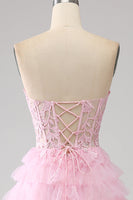 Load image into Gallery viewer, Pink A-Line Strapless Tiered Long Corset Prom Dress