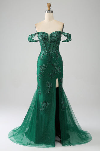 Mermaid Off The Shoulder Dark Green Prom Dress with Appliques