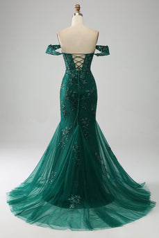 Mermaid Off The Shoulder Dark Green Prom Dress with Appliques