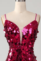 Load image into Gallery viewer, Sparkly Mermaid Spaghetti Straps Fuchsia Sequins Long Prom Dress with Slit