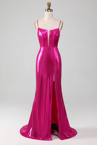 Sparkly Hot Pink Mermaid Simple Prom Dress With Slit