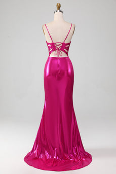 Sparkly Hot Pink Mermaid Simple Prom Dress With Slit