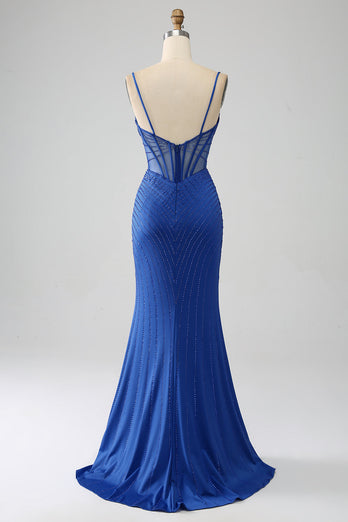 Royal Blue Mermaid Corset Prom Dress with Beading