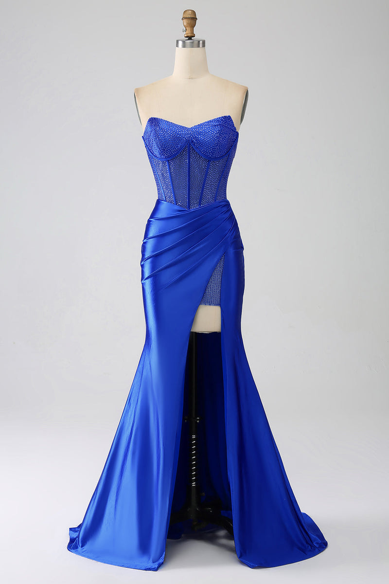 Load image into Gallery viewer, Mermaid Strapless Royal Blue Corset Prom Dress with Beading