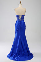 Load image into Gallery viewer, Mermaid Strapless Royal Blue Corset Prom Dress with Beading