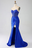 Load image into Gallery viewer, Mermaid Strapless Royal Blue Corset Prom Dress with Beading
